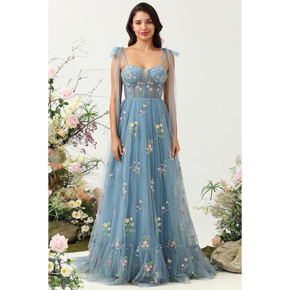 Corset Tulle A-Line Prom Dress Flower Embroidery Blue Whimsy Fairy Photoshoot
